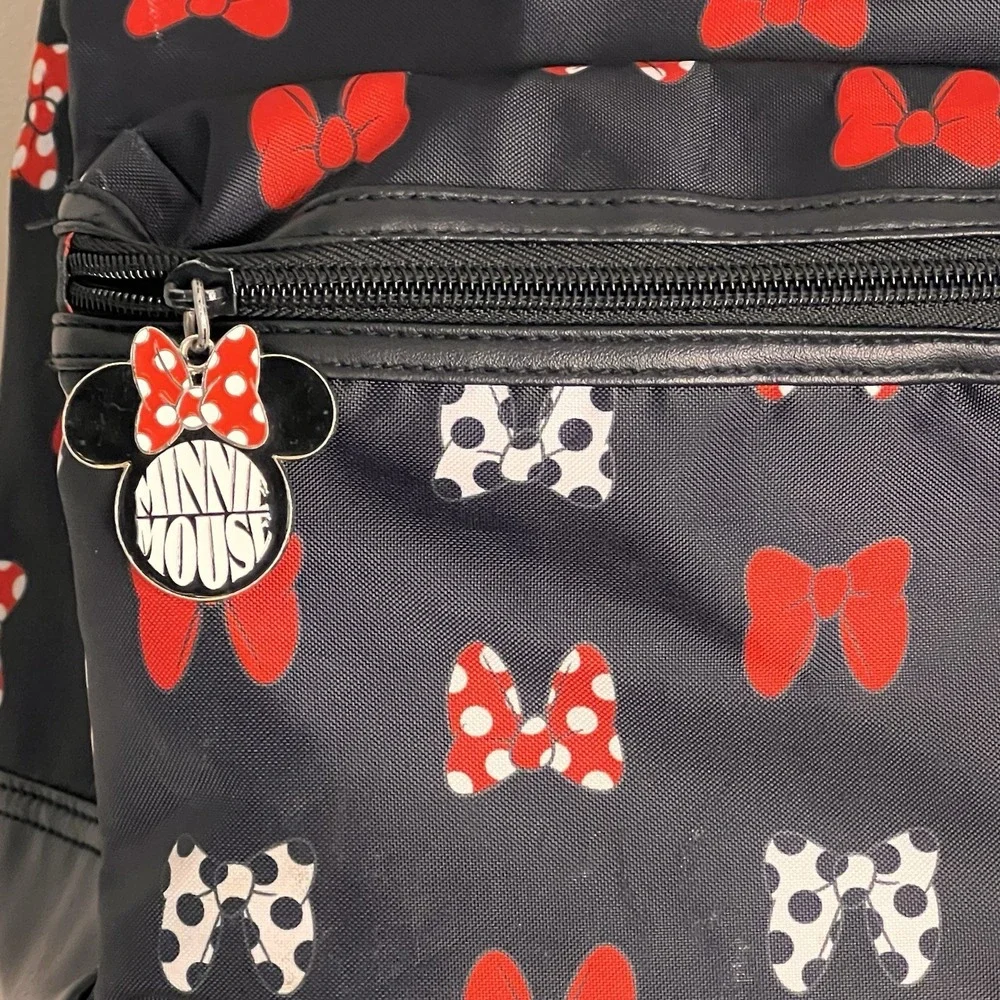 Disney Minnie Mouse Bow Print Backpack Black Red Polka Dot School Travel Bag EUC